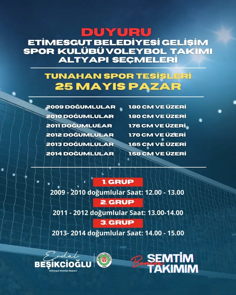 ETİMESGUT BELEDİYESİ GELİŞİM SPOR KULÜBÜ VOLEYBOL ALTYAPI SEÇMELERİ BAŞLADI